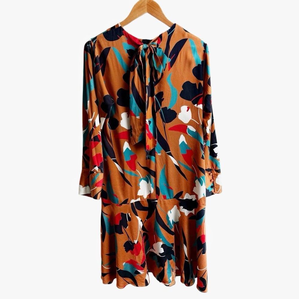 CHRISTY LYNN Silk Floral Dress Size Medium Drop Waist Luxury Brown Red Teal - Picture 11 of 16